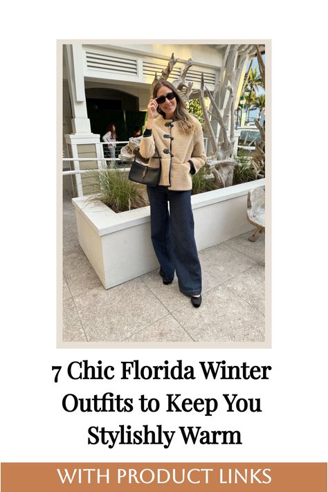 The person is wearing a beige jacket, dark pants, black shoes, and sunglasses, and is carrying a black handbag. Florida Winter Outfits, Florida Winter, Edgy Leather Jacket, Florida Outfits, Cozy Shoes, Chic Crossbody Bag, Grey Cargo Pants, Light Layers, Outdoor Gathering