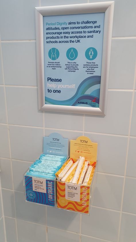 UK Period Dignity Campaign  Dispenser and poster for Airbus in Filton, Bristol.  Added to the female, and to the accessible toilets in the office and factory buildings.  #FromTheDayJob  @airbus  @rheinmetallag Sanitary Pads Packaging Design, Tampon Dispenser, Menstrual Disc, Period Quotes, Period Poverty, Period Box, Ghost Box, Period Kit, School Bathroom