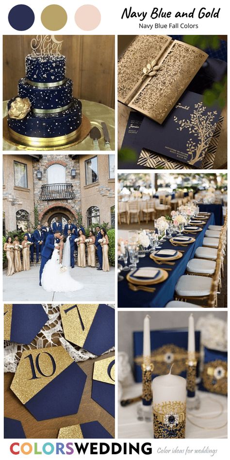 Navy Blue Cream And Gold Wedding, Blue And Gold Decorations Party, Navy Blue And Gold Wedding Theme, Blue And Gold Wedding Decorations, Blue And Gold Wedding Dress, Navy Blue And Champagne Wedding Colors, Blue And Gold Fall Wedding, Navy And Gold Wedding Theme, Blue And Gold Wedding Theme