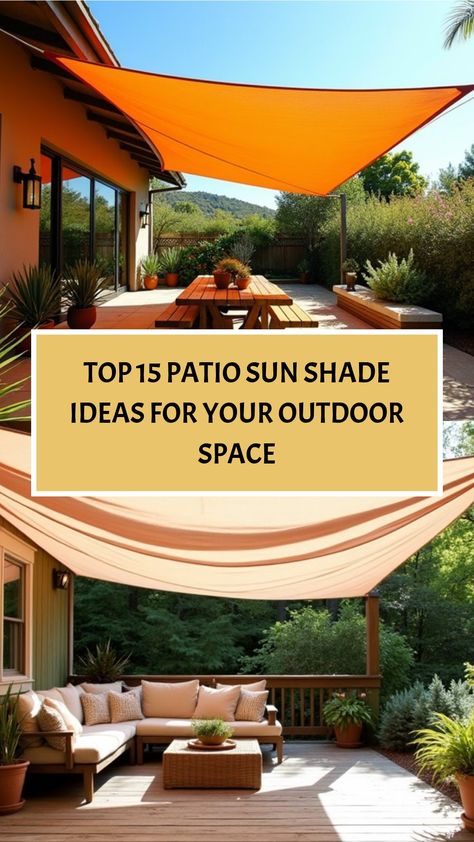 Outdoor patio with sunshades and comfortable seating surrounded by greenery. Sun Shade Ideas, Sun Shade For Patio, Shade For Patio, Patio Sun Shade, Portable Shade, Vinyl Pergola, Patio Sun Shades, Flower Bed Designs, Shade Ideas