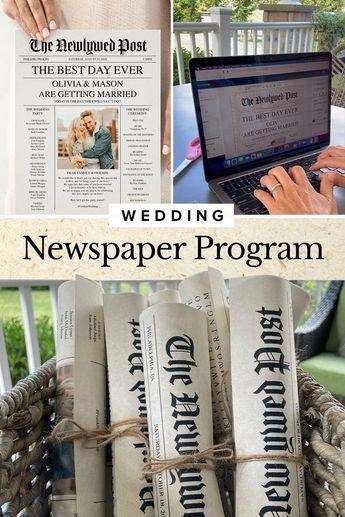 Extra! Extra! Read about The Best Day Ever! Create a unique newspaper wedding program with a DIY printable template. Enter all your wedding ceremony information and then print on parchment paper for a vintage look. List your bridesmaids and groomsmen, wedding timeline, message to family and friends, social media tags, links and more. TikTok wedding hotel gift bag idea. Music: Jumbo, Brand New Wedding Programs Diy, Wedding Hotel Gift Bags, Printable Wedding Program Template, Newspaper Wedding, Newspaper Program, Newspaper Wedding Programs, Diy Wedding Programs, Wedding Newspaper, Printable Wedding Programs