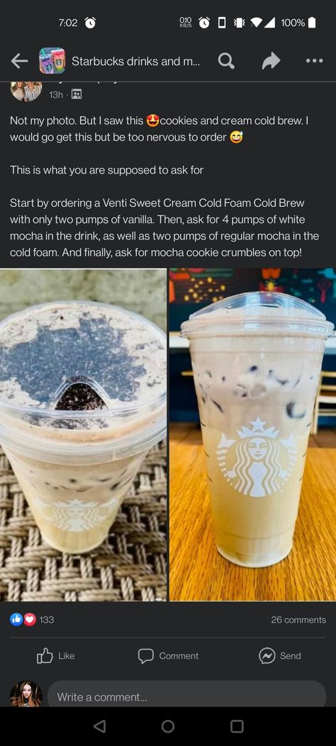 Starbucks Sweet Cold Brew Drinks, Cookies And Cream Starbucks Drink, Cookies And Cream Starbucks, Cookies And Cream Cold Brew, Starbies Drinks, Mocha Cookie Crumble, Starbucks Latte, Cream Cold Brew, Starbucks Orders