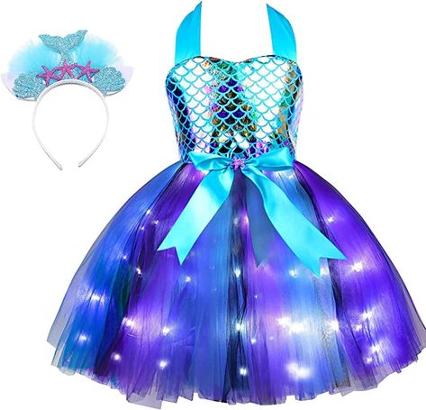 Mermaid dress dress, with 50-60PCS LED light and mermaid fish scale pattern, very shiny and attractive!  SIZE: For 3-8years old girls with stretchy corchet top, easy to wear.  MATERIAL:Mermaid costume use hight quality tulle, skin-friendly. 4th Birthday Mermaid Theme, Blue Mermaid Dress, Girls Mermaid Costume, Mermaid Tutu, Light Up Dresses, Christmas Dress Up, Costume For Girls, Fairy Birthday Party, Purple Mermaid