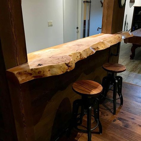 My dad finally finished his basement and put in this beautiful Douglas Fir live edge slab for his bar top.  He picked it up from Rouck Bros Sawmill in Lumby. I wish we had sawmills closer to us like this. I’ve gotta do some epoxy work for him though since as you can see, it’s got lots of voids. . . . #douglasfir #douglasfirliveedgeslab #bartop #bar #homebar #epoxy #resin #knots #dad #puttowork #vernon #britishcolumbia #lumby #sawmill Live Edge Kitchen Bar Top, Live Edge Wood Bar Top Outdoor, Raw Edge Bar Top, Live Wood Bar Top, Live Edge Bar Top With Epoxy, Love Edge Bar Top, Live Edge Bartop, Wooden Bar Top Ideas, Live Edge Wood Bar Top