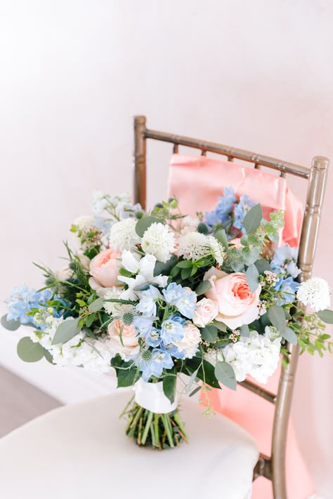 Claire and Alex | Bronte's Florals Pink Blue Wedding Bouquet, Blush And Blue Flowers, Pink White And Blue Bridal Bouquet, Pink White Blue Bouquet, Pink White Blue Wedding Flowers, Light Blue And Pink Bouquet, Pink And Blue Flower Bouquet, Dusty Blue And Pink Wedding Theme, Pink And Blue Wedding Flowers