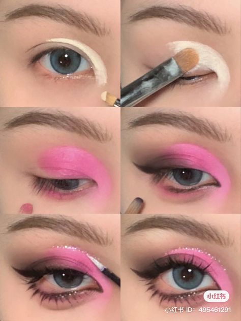 Pink Eyeshadow Step By Step, My Melody Makeup Look, Kawaii Eye Makeup, Monster High Makeup Looks, Pink Goth Makeup, Creative Eyeshadow Looks, My Melody Makeup, Kuromi Makeup, Draculaura Makeup