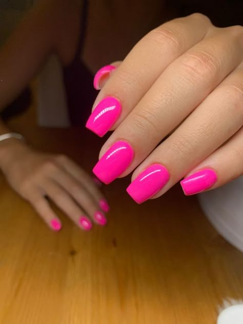 Simple Hot Pink Nails Short, Pink Almost Nails, Short Square Hot Pink Acrylic Nails, Hot Pink Neon Nails, Pink Nails Plain Simple, Bright Neon Pink Nails, Basic Color Nails Simple, Very Short Acrylic Nails Square Simple, Hot Pink Fake Nails