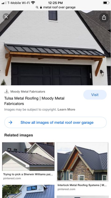 Garage Door Awnings Exterior, Garage Metal Awning, Awning Over Garage Door Metal Roof, Garage Awning Ideas Exterior, Metal Window Awnings Exterior, Garage Awning Ideas, Awning Over Garage Door, Metal Roof Awning, Garage Overhang