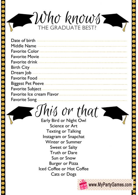 Free Printable Who Knows the Graduate Best? Game Graduation Party Themes Ideas, Graduation Games Party Activities, Grade 12 Graduation Party Ideas, Highschool Graduation Party Ideas Backyard, Graduation Party Ideas At A Restaurant, Graduation Craft Ideas High School, Graduation Party Ideas For 2 Graduates, Graduation Themes Ideas, Graduation Party Itinerary