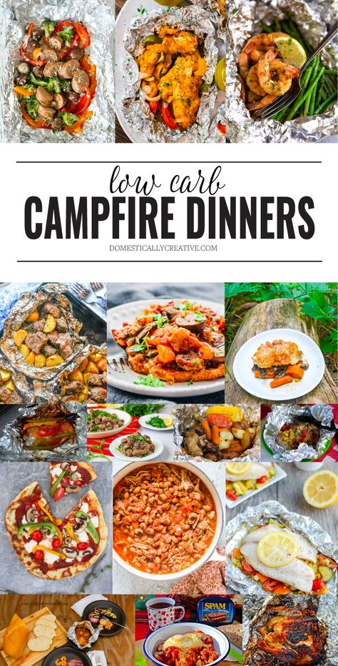 These low carb campfire dinners are so easy to make and most of them can be made up ahead of time for a simple no fuss dinner while camping #lowcarbcamping #campfiredinner #campingmeals #campingdinners #campingfood #campingrecipes #lowcarbcampingrecipes #domesticallycreative Keto Camping Dinner, Keto Campfire Meals, Low Carb Campfire Meals, Make Ahead Foil Packets For Camping, Keto Camping Meals Make Ahead, Camping Meals Easy Make Ahead Healthy, Campfire Meals Dinner, Healthy Campfire Food, Foods To Roast On Campfire