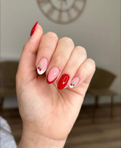 Red French Tip Nails With Cherries, Red Nail Ideas Square, Red And White French Tip, White French Tip Nails, Italy Nails, Sophisticated Nails, Fruit Nail, Business Nails, Nail Business