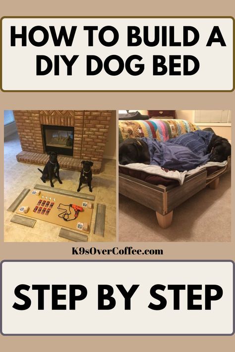 The picture on the left shows 2 Black Boxer dogs sitting in front of the different components needed to make a DIY dog bed. The picture on the right shows the 2 dogs sleeping in the finished dog bed. Making A Dog Bed, Diy Dog Bed Frame, Diy Elevated Dog Bed, Make A Dog Bed, Doggie Beds, Dog Bed Frame, Mattress Dog Bed, Raw Dog Food, Bed Steps