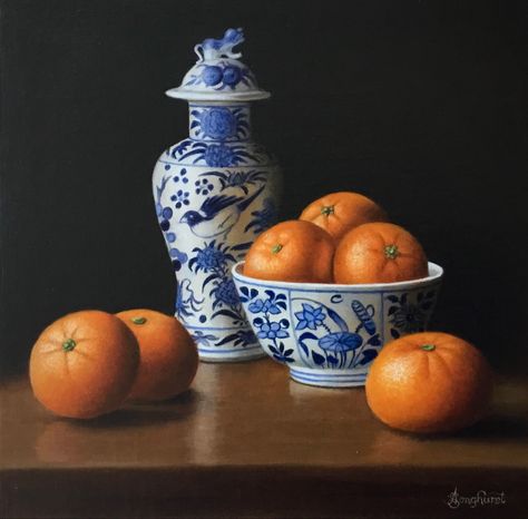 Still Life 2, Orange Bowl, Pattern Bowl, Orange Fruit, Oil Painters, Painting Still Life, Still Life Art, Art Masters, Blue And Orange