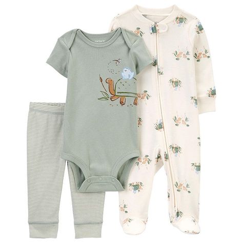 Get your baby dressed up in total comfort for playtime with this Baby Carter's Green Turtle 3-Piece Sleep and Play Set. Click on this BABY ESSENTIALS & APPAREL GUIDE to find everything you need to keep your baby healthy and happy! FEATURES 3-piece set includes one sleep and play, one short sleeve bodysuit and pants Overlap shoulders for easy over-the-head dressing! Strong snaps keep up with wear, wash, repeat Sleep & play zips both ways Covered elastic waistband for a comfy fitFABRIC & CARE Cott