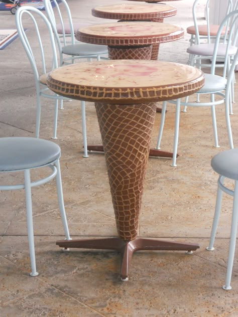 Ice cream cone tables Ice Cream Business, Gelato Shop, Bakery Decor, Ice Cream Design, Sweet Dish, Waffle Cone, Bakery Design, Ice Cream Parlor, Soda Fountain