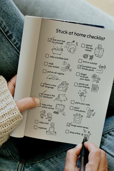 Stuck at home checklist in a notebook | free image by rawpixel.com / marinemynt To Do List Journal, Checklist Notebook, Home Checklist, List Journal, Pulling An All Nighter, Free Notebook, Prank Calls, Stuck At Home, A Notebook