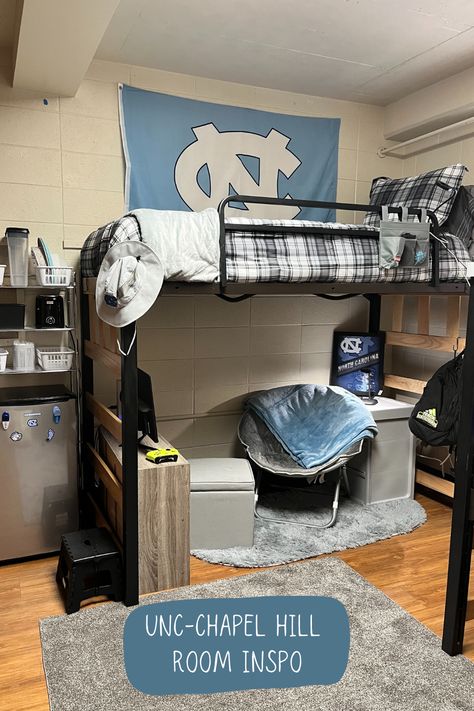 UNC-Chapel Hill room inspiration for future Tar Heels!! #CarolinaHousing #UNCRoomInspo Unc Dorm, Dorm Room Setup, Dorm Room Decorations, Unc Chapel Hill, Tar Heel, Residence Hall, Dorm Room Inspiration, Dorm Inspo, Studio Room