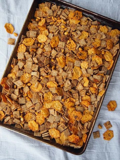 Whole Grain Chex Mix | Rachael Hartley Nutrition Traditional Christmas Eve Dinner, Sour Cream Chips, Chex Snack Mix, Chex Mix Recipe, Wheat Chex, Cereal Mix, Bagel Chips, Chex Mix Recipes, Parchment Paper Baking