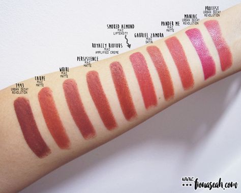 Mac Mocha Lipstick Swatch, Mac Red Lipstick Swatches, Mac Smoked Almond, Mac Love You Back Lipstick Swatch, Mac Smoked Almond Lipstick, Mac Mehr Lipstick Swatch, Mac Taupe, Bubblegum Pink Lipstick, Charlotte Tilbury Matte Revolution