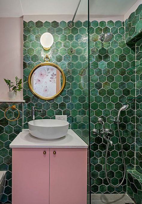 Contemporary bathroom with hexagonal wall tiles in different shades of green and a smashing pink vanity - Decoist Green And Pink Bathroom, Pastel Bathroom, Green Tile Bathroom, Cream Bathroom, Bathroom Big, Teal Bathroom, Pink Vanity, Silver Bathroom, Green Art Deco