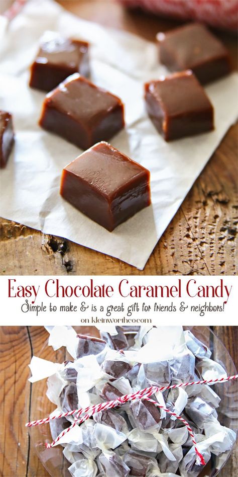 Easy Chocolate Caramel Candy is simple to make & a great gift for friends & neighbors. They're addicting, you won't want to give them away. Chocolate Caramels Recipe, Chocolate Caramel Candy, Easy Christmas Candy Recipes, Christmas Candy Easy, Candy Recipe, Candy Recipes Homemade, Christmas Candy Recipes, Caramel Candy, Caramel Recipes