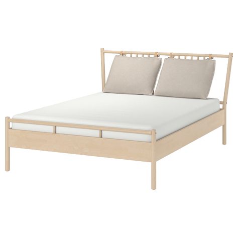 BJÖRKSNÄS Bed frame, birch, Luröy, King. Natural materials such as birch and leather, and fine carpentry details create a neat and airy look. This bed frame is part of our BJÖRKSNÄS collection with roots in Scandinavian craftsmanship tradition. Björksnäs Bed, Birch Veneer, Batumi, Material Bed, Ikea Family, Bed Slats, Bed Base, Adjustable Beds, World Of Interiors