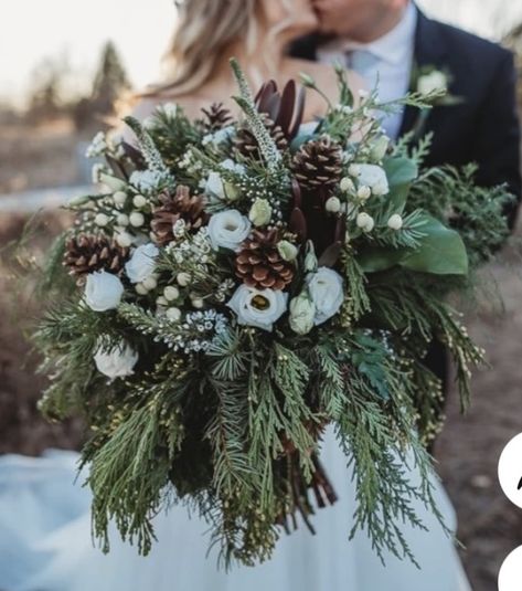 Fir Wedding Bouquet, Peony Winter Wedding Bouquet, Winter Greenery Wedding Bouquet, Winter Wedding Bouquet With Pinecones, Evergreen Bridal Bouquet, Black And Green Winter Wedding, Pine Tree Centerpiece Wedding, Winter Wedding Bouquets Bride, Winter Wedding Colors Schemes Colour Palettes