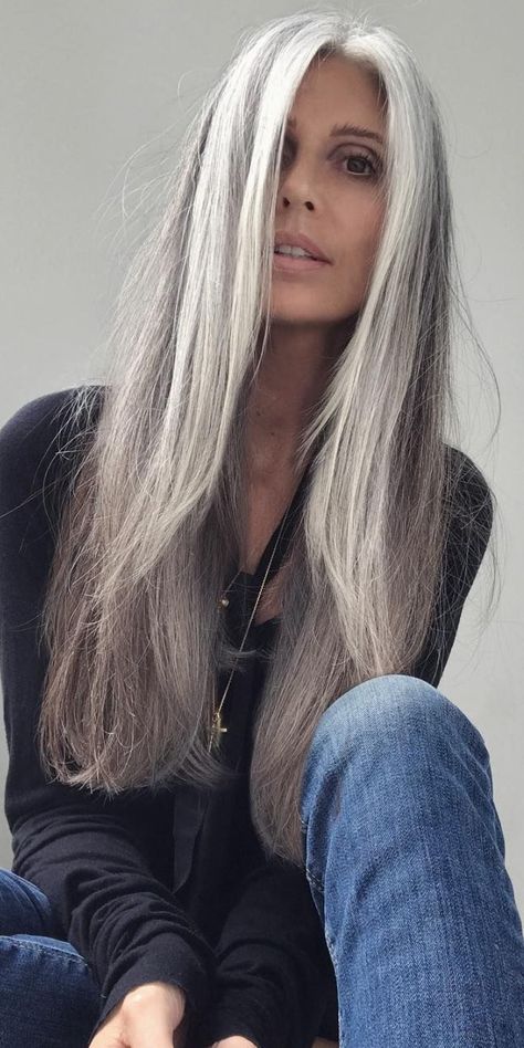 Black To Grey Ombre Hair, Long Grey Hair, Grey Ombre Hair, Long White Hair, Gorgeous Gray Hair, Grey Hair Inspiration, Beautiful Gray Hair, Ombre Hair Extensions, Long Gray Hair