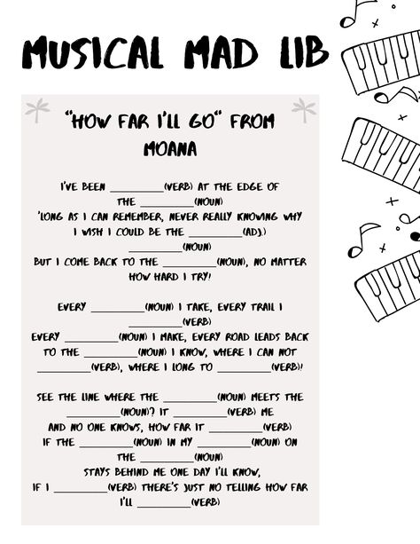 A musical mad lib for "How Far I'll Go" from Moana! Musical Mad Libs, Group Music Therapy Activities, Rec Games, Music Homeschool, Homeschool Music Lessons, Music Therapy Interventions, Music Therapy Activities, Choir Room, Elementary Music Class