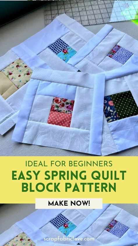 Create stunning scrap fabric quilt blocks with this simple spring-inspired design! Perfect for beginner quilting ideas, this project uses leftover fabric squares to craft modern quilt blocks. Learn scrap fabric quilting with this easy quilt block tutorial, ideal for beginners or experienced quilters. Whether you're making a scrappy quilt or exploring new scrap fabric quilt patterns, this is the perfect project for your spring sewing inspiration. Scrap Fabric Quilt, Simple Quilt Block, Beginner Quilting, Free Quilt Tutorials, Quilt Blocks Easy, Spring Sewing, Modern Quilt Blocks, Scrap Fabric Projects, Spring Quilts