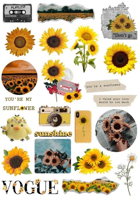 Desings Aesthetic Paper, Sunflower Sticker Aesthetic, Sunflower Stickers Printable, Vintage Stickers Printables Brown, Vintage Sunflower Aesthetic, Aesthetic Flower Stickers Printable, Scrapbook Journal Stickers, Vintage Aesthetic Stickers Printables, Sunflower Journal