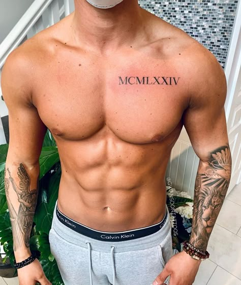 Men’s Roman Numeral Tattoo, Roman Numerals On Chest, Chest Roman Numeral Tattoo, Roman Numeral Tattoo Men Chest, Roman Numeral Tattoo On Chest, Roman Numeral Chest Tattoo, Guys Chest Tattoos, Chest Tattoo Roman Numerals, Men's Back Tattoos