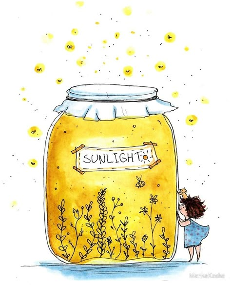 Jar Of Sunshine, Art Mignon, 수채화 그림, Happy Paintings, Art Et Illustration, Art And Illustration, Watercolor Cards, Whimsical Art, Book Illustration