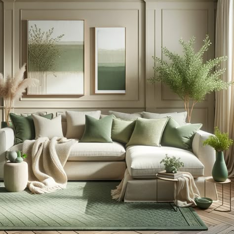 sage green and beige living room Natural Green Interior Design, Cream Living Room Green Accents, Beige Walls Green Couch, Beige And Green Home Decor, Living Room Designs Beige Couch, Cream And Sage Living Room, Light Green Living Room Color Scheme, Sage Green And Beige Living Room, Sage Green Decor Living Room