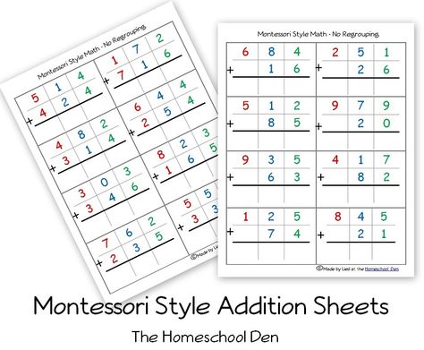 Free Montessori Style Addition Sheets (And Place Value Activities) - Homeschool Den Montessori Golden Beads Printable Free, Montessori Math Activities, Elementary Montessori, Montessori Work, Place Value Activities, Montessori Printables, Montessori Elementary, 1st Grade Math Worksheets, Montessori Math