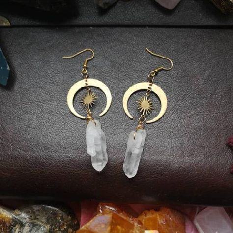 New Hippie Tribal Sun Crescent Earrings Brass Color Witchy Jewelry Bohemia Birthday Magical Clear Quartz Crystal Jewelry, Crescent Earrings, Goddess Jewelry, Stone Dangle Earrings, Goth Jewelry, Witchy Jewelry, Hippie Jewelry, Clear Stone, Silver Moon