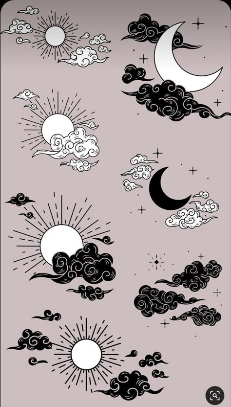 Japanese Sun And Clouds Tattoo, Moon And Star Sleeve Tattoo, Japanese Sun And Moon Tattoo, Moon And Cloud Tattoo Designs, Cloud Sky Tattoo, Cloud Drawing Tattoo, Moon Aesthetic Design, Moon And Clouds Tattoo Design, Sun And Moon Clouds Tattoo