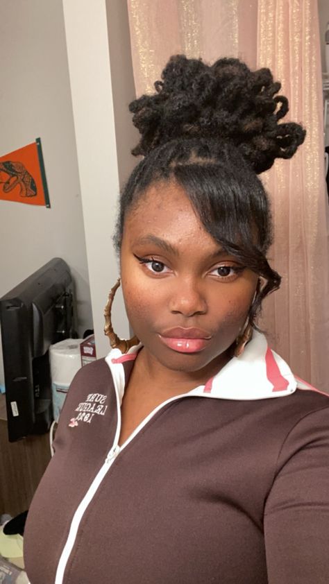 Locs With Loose Bangs, Locs With Straight Bangs, Low Loc Petal Bun, Petal Bun Locs, Loc Petal Bun, Loose Bangs, Loc Petals, Straight Bangs, Locs Hairstyles