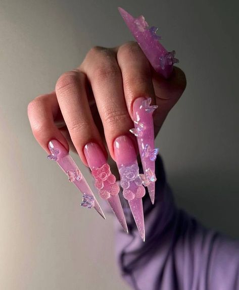 Pink Stiletto Nails, Stilleto Nails Designs, Grunge Nails, Her Nails, Crazy Nails, Exotic Nails, Long Square Acrylic Nails, Bling Acrylic Nails, Kawaii Nails