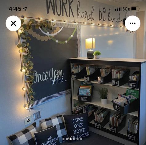 Calm Reading Corner Classroom, Brown And Green Classroom Decor, Classroom Library Nook, Comfy Classroom Decor, Black Classroom Walls, Sage Green Bulletin Board, Black Classroom Bulletin Boards, Bulletin Board Ideas For Teachers High School Classroom Organization, Black Themed Classroom