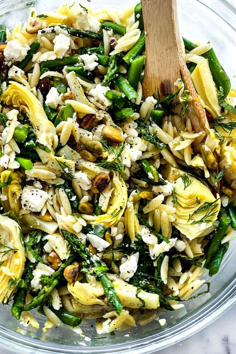 Orzo Salad with Asparagus, Artichoke Hearts and Feta | foodiecrush.com Salad Artichoke Hearts, Pasta Salad Artichoke, Orzo Salad With Asparagus, Salad Artichoke, Orzo Salat, Salad With Asparagus, Spring Side Dishes, Tender Asparagus, Artichoke Salad