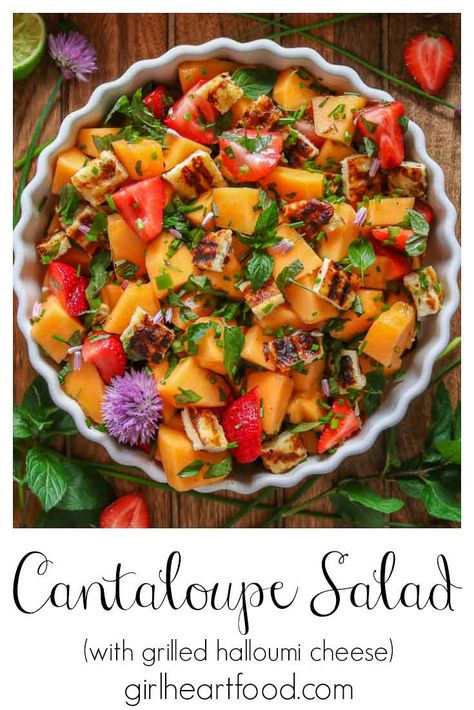 This cantaloupe salad is sweet, savoury, refreshing and delicious! With the addition of grilled halloumi cheese and fresh lime juice, it makes for an easy summer salad that's perfect to go alongside a barbecue or picnic! #cantaloupesalad #cataloupemintsalad #cantaloupesaladwithlime #summersalad #melonsalad #fruitsalad #saladwithcantaloupe Cantaloupe Seeds, Cantaloupe Salad, Musk Melon, Easy Summer Salad, Energy Food, Barbecue Food, Melon Salad, Halloumi Cheese, Grilled Halloumi