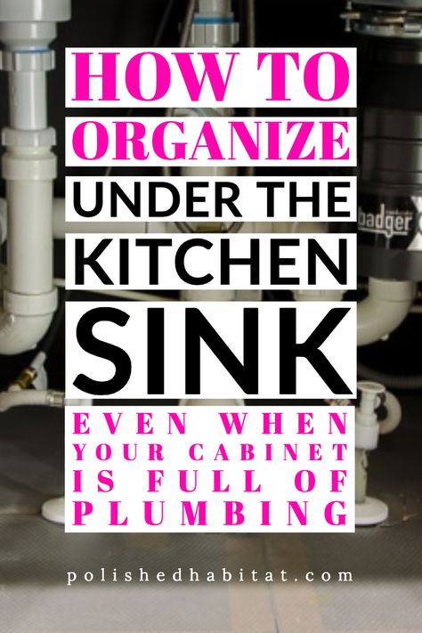 Is there a mess under your kitchen sink? We figured out how to add functional storage in the under sink cabinet even though it's full of pipes.   #kitchenorganization under sink kitchen organization | under sink kitchen storage | kitchen sink organization | under the kitchen sink storage ideas | under the kitchen sink storage ideas | under sink storage kitchen | undersink organization Organize Under Kitchen Sink, Under The Kitchen Sink Organization, Under Kitchen Sink Storage, Under The Sink Storage, Under Sink Storage Unit, Under The Kitchen Sink, Under Kitchen Sink, Kitchen Cabinet Organization Ideas, Sink Organization