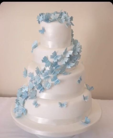 Light Blue Quinceanera Ideas Butterfly, Qencenera Cakes, Light Blue Butterfly Cake, Light Blue Butterfly Quinceanera Theme, Baby Blue Butterfly Quinceanera Theme, Quince Cakes Blue, Baby Blue Quince Dresses, Blue Butterfly Cake, Butterfly Quince Theme