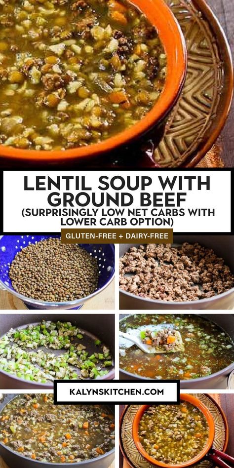 Pinterest image collage for Lentil Soup with Ground Beef showing 1 photo of a small bowl of prepared soup ready to eat and several smaller photos showing steps in the preparation process. Hamburger Lentil Soup, Soup With Cauliflower Rice, Lentil Soup Crockpot, Instant Pot Hamburger Soup, Beef Lentil Soup, Soup With Cauliflower, Lentils Recipe, Canned Lentils, Soup With Ground Beef