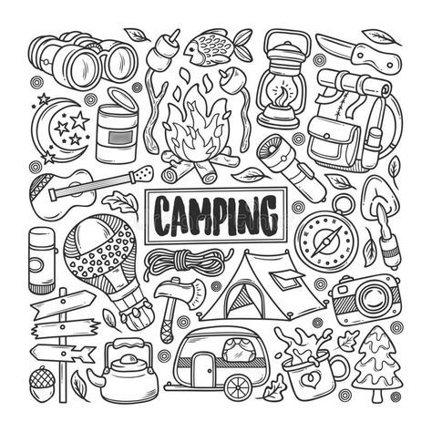 Camping Drawing, Arte Doodle, Hand Doodles, Beach Illustration, Doodle Art Drawing, Doodle Coloring, Sketch Notes, Cute Doodles Drawings, Cute Doodle Art