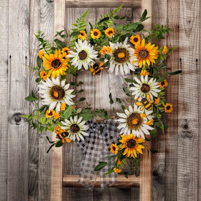 Sunflower And Bee, Easter Spring Wreath, Sunflower Wreath, The Mantle, Pillows Flowers, Sunflower Wreaths, Ribbon Wreath, Summer Wreaths, Spring Wreaths