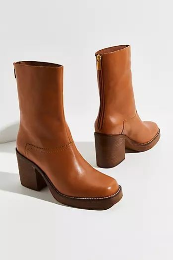 Boho Boots: Vegan & Comfy Styles | Free People | Free People Round Toe Block Heel Boots, Womens Fall Leather Boots, Boots Cream, Free People Boots, Leather Boots Heels, Fall Boots, Exposed Seams, Leather Finish, Free People Shoes