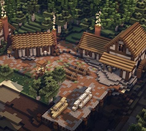 Lumber Mill Minecraft, Minecraft Town Hall Interior, Minecraft Lumber Yard, Black Smith Minecraft, Minecraft Midevil Village Ideas, Minecraft Lumber Mill, Rumah Minecraft Sederhana, Lumber Yard, Minecraft Mansion