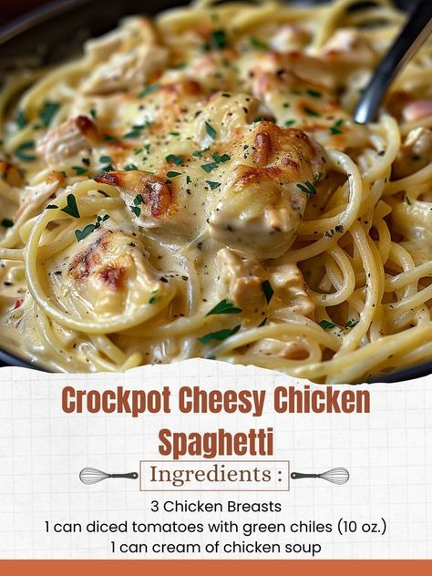 Creative Cookery Crockpot Cheesy Chicken Spaghetti, Chicken Lunches, Crockpot Chicken Pasta, Crockpot Cheesy Chicken, Creative Cookery, Sunday Chicken, Crawfish Pie, Camp Recipes, Spaghetti Ingredients